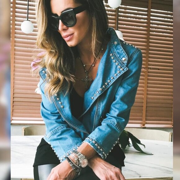 Fernanda Farah Snake Patch Denim Crop Moto Jacket Embroidered Studded Medium - Picture 2 of 14